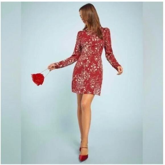 EUC $200 Reformation Romee Red Floral Long Sleeve Mini Dress - Picture 2 of 7